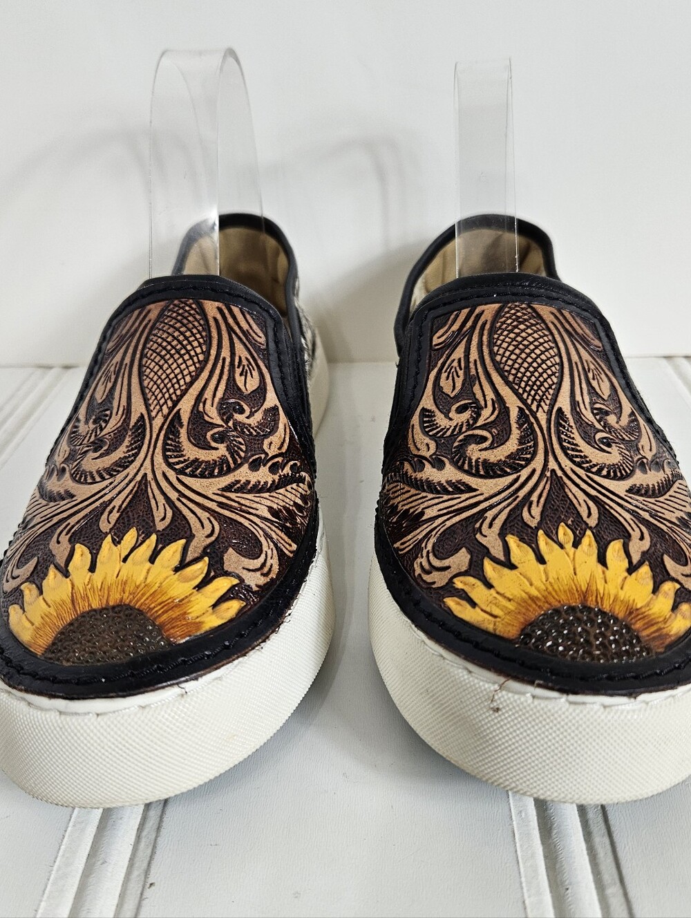 Myra Nehard Sneakers 8 Hand Tooled Leather Cowhide Sunflower Western Brown Black - Picture 2 of 16
